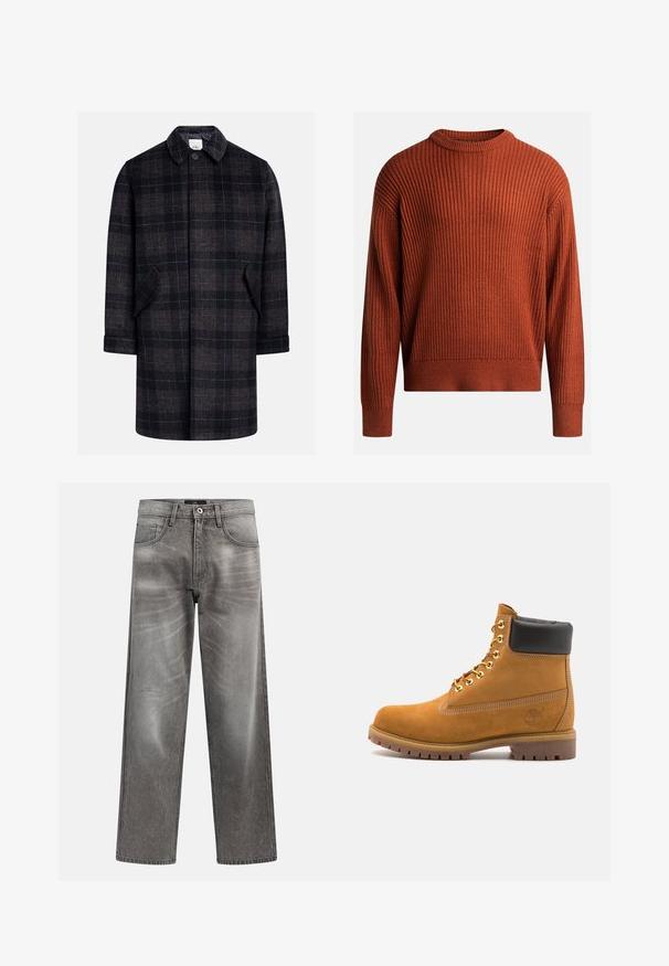 Czarny i brązowy płaszcz w kratę z kołnierzem, z przodu zapinany na guziki, z dwoma bocznymi kieszeniami i rękawami do łokci. Miękki, teksturowany materiał.; Sweter z ryżowym splotem w kolorze przypalanej pomarańczy, z okrągłym dekoltem i długimi rękawami. Miękka faktura, luźny krój oraz delikatny detal w postaci rozciągliwości.; Szare dżinsy z szerokimi nogawkami, wykonane z denimu o wyblakłym wykończeniu, klasyczny krój z pięcioma kieszeniami oraz metalowym zapięciem na guzik. Tkanina o fakturze z delikatnymi efektami zużycia.; Beżowe zamszowe botki sięgające kostki z czarną wyściełaną krawędzią, złotymi oczkami, białymi detalami szycia oraz wytrzymałą gumową podeszwą z wyraźnym bieżnikiem.