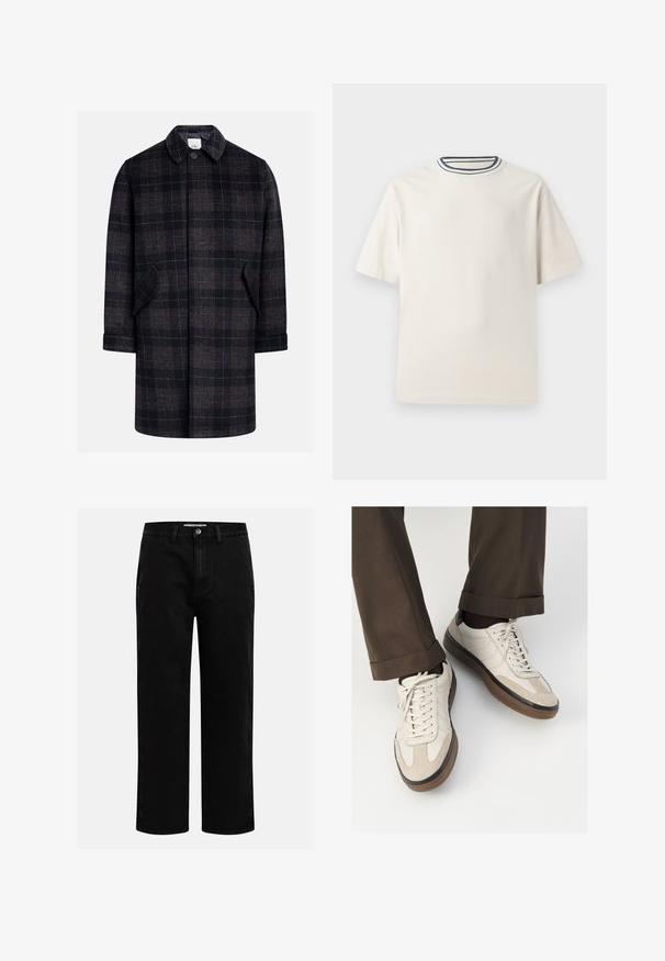 Black and brown plaid coat with a collared neck, front button closure, two side pockets, and elbow-length sleeves. Soft, textured fabric.; Cream-colored cotton t-shirt with short sleeves, featuring a round neckline accented by navy and white stripes. Smooth texture, relaxed fit.; Black denim pants with a straight-leg cut, classic five-pocket design, and a button closure at the waist. Smooth texture and durable fabric.; Beige sneakers with a textured suede front, smooth leather sides, and a brown rubber sole. Laces and light stitching detail included.