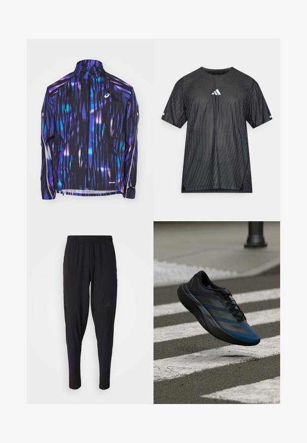 ASICS ROAD LITE SHOW JACKET - Veste coupe-vent - blue expanse; T-shirt de sport noir à manches courtes, avec un motif en rayures diagonales texturées et un logo Adidas blanc sur la poitrine et les manches.; Pantalons de sport noirs avec une taille élastique, design fuselé, poches latérales et détail de logo subtil. Fabriqués en tissu flexible et respirant.; Chaussure de sport noire et bleue au design épuré, avec une tige texturée, des bandes contrastées et une semelle amortie, flottant au-dessus du trottoir.