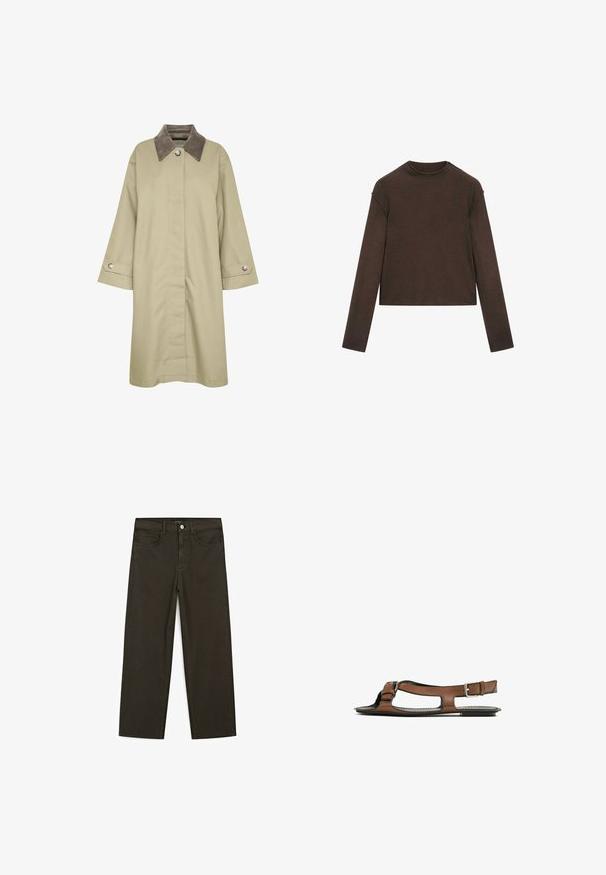 Cappotto khaki con colletto grigio testurizzato, chiusura con bottoni e maniche ampie. Presenta fessure laterali e dettagli in metallo sui bottoni.; Maglione a maniche lunghe color marrone scuro con scollo rotondo, leggermente corto e dal design semplice e senza cuciture.; Jeans a gamba larga di colore verde scuro, realizzati in tessuto misto cotone, dotati di chiusura con bottone frontale, cinque tasche e cuciture classiche in denim.; Sandal in pelle marrone con punta aperta e ritagli laterali. Presenta una fascia alla caviglia con una fibbia metallica e una suola piatta.