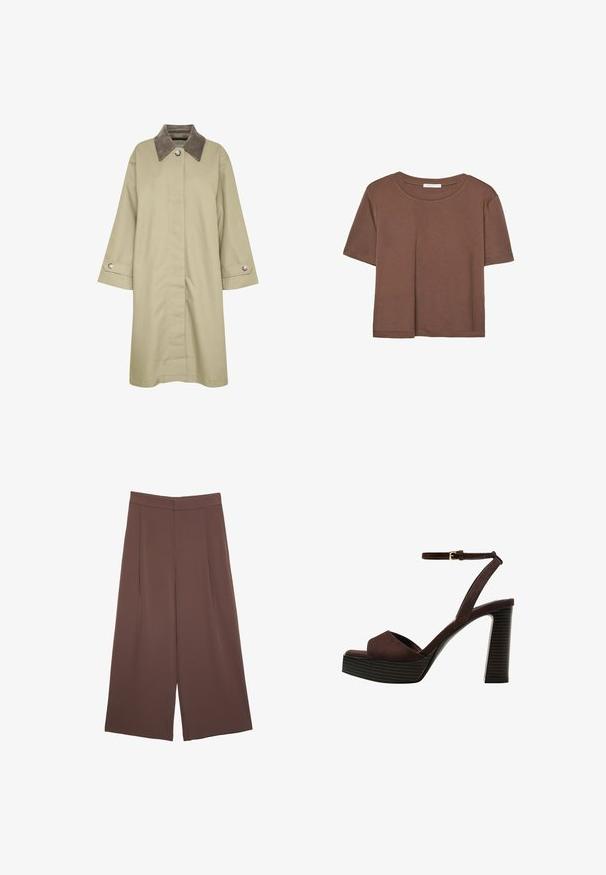 Khaki-kappa med en strukturerad grå krage, knäppning och vida ärmar. Har sidofickor och metallknappdetaljer.; Brun kortärmad t-shirt i mjukt tyg, med rund halsringning och avslappnad passform. Inga synliga mönster eller detaljer.; Bruna vida byxor med en slät textur, som har hög midja och framfickor. Tyget är lätt och flödar löst.; Bruna mocka högklackade sandaler med öppen tå, justerbar vristrem och en randig plattformssula.