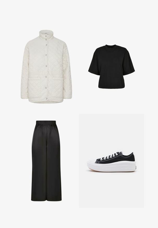 Quilted cremejakke med opretstående krave, trykknaplukning foran og to forlommer. Struktureret diamantmønster hele vejen igennem.; Sort cropped t-shirt lavet af bomuld. Har korte ærmer og rund halsudskæring. Glat tekstur med et enkelt design, ingen ekstra mønstre.; Sorte brede bukser lavet af glat, skinnende stof med elastisk talje og uden synlige lommer eller hardwaredetaljer.; Sorte kanvas sneakers med hvide snørebånd, hvid gummitåhætte og en kraftig hvid mellemsål. Har diskret hvid syning og en gummisål.
