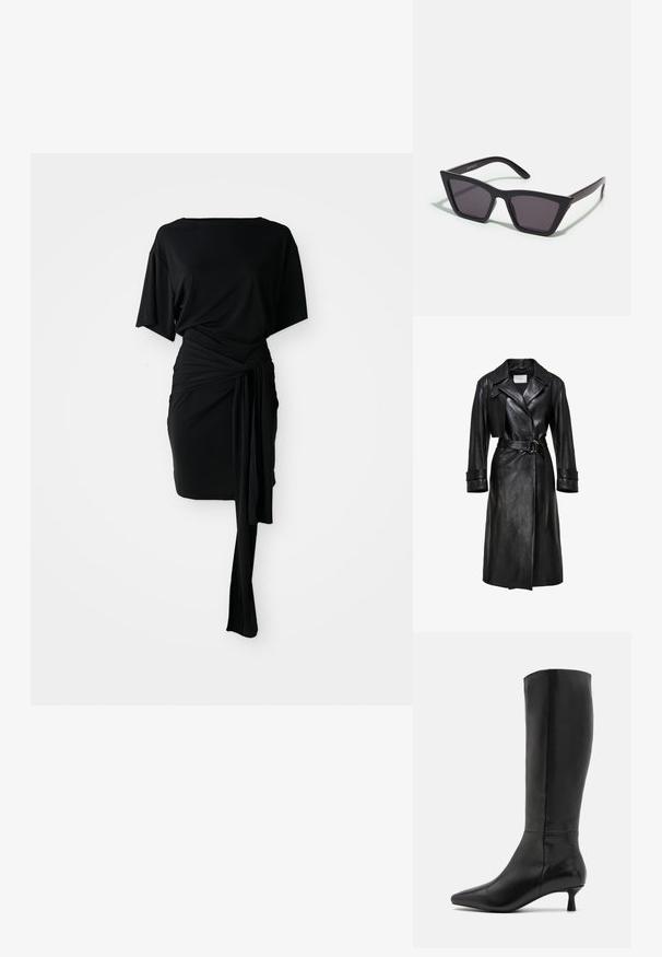 Melnas ādas tranča mētelis ar plašiem apakšmalām, jostasvietu ar divu gredzenu sprādzi, garām piedurknēm un aproču siksnām.; Melna kleita ar brīvu piegriezumu augšdaļā, iepakojuma stila jostas detaļu un plūstošu svārku. Izgatavota no gludas auduma, ar taisnu piegriezumu un īsām piedurknēm.; Zign Zābaki - black; Melni, stūrveida saulesbrilles ar pelēkiem objektīviem; izgatavotas no plastmasas, ar biezām kājām, kam ir gluda virsma un nav redzamu stiprinājumu.