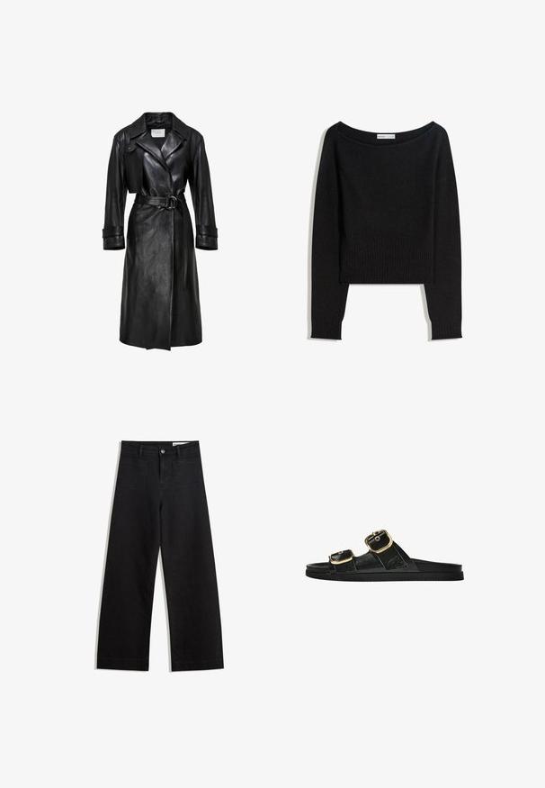 Crna kožna trench kaput s širokim reverima, remenom na struku s dvostrukim prstenom, dugim rukavima i trakama na manžetama.; Crni pleteni džemper s izrezom koji otkriva ramena, dugim rukavima te rebrastim manžetnama i rubom. Izrađen od mekanog, teksturiranog materijala.; Crne široke traperice s visokim strukom, s prednjim i stražnjim džepovima, šivenim šavovima i kopčanjem na gumb. Glatka tekstura.; Crne sandale na klizanje s dva zlatna akcenta u obliku kopči, glatkog teksturiranog materijala, ravnim potplatom i minimalističkim dizajnom.