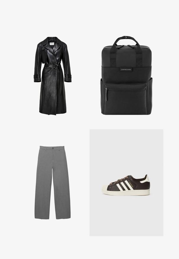 Czarny skórzany płaszcz trench z szerokimi klapami, z paskiem w talii z podwójnym zapięciem, długimi rękawami i paskami przy mankietach.; Burgundowa sweter z golfem wykonany z miękkiego materiału. Dopasowany krój z długimi rękawami oraz ściągaczami przy mankietach i u dołu. Bez wzorów ani ozdób.; Świetlno-szare spodnie o szerokich nogawkach z gładkiej, fakturowanej tkaniny, z przodem zapinanym na guziki oraz szlufkami na pasek w talii.; Niskie trampki Adidas Superstar z ciemnobrązowej skóry z kremowym noskiem w kształcie skorupy, białymi paskami i napisem „Superstar” po boku.; Czarny materiałowy plecak z uchwytem u góry, regulowanymi paskami, przednią kieszenią na zamek i naszywką z logo. Prosty geometryczny wzór z teksturowanym wykończeniem.