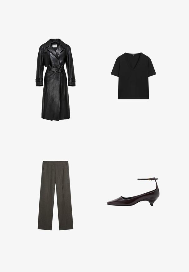 Zwarte leren trenchcoat met brede revers, een ceintuur met een dubbele ringgesp in de taille, lange mouwen en mouwbandjes.; Zwarte T-shirt met korte mouwen en V-hals, met een eenvoudig, aansluitend ontwerp op een witte achtergrond.; Donkergrijze, wijde broek gemaakt van een gestructureerde stof, met twee zijzakken en een nette frontplooi. Eenvoudig, passend ontwerp.; Donkerbruine leren kittenheel schoenen met een spitse neus, een dunne enkelband en een kleine gouden gesp.