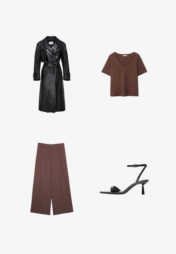 Crna kožna trench kaput s širokim reverima, remenom na struku s dvostrukim prstenom, dugim rukavima i trakama na manžetama.; Smeđa pamučna majica kratkih rukava s dubokim V-izrezom. Jednostavan dizajn, mekana tekstura i ravni rub. Bez uzoraka ili naglasaka.; Smeđe hlače širokog kroja s glatkom teksturom, koje imaju visok struk i nabore sprijeda. Tkanina je lagana i slobodno se kreće.; Bershka Sandale s visokom petom - black