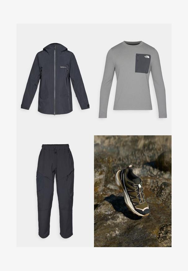 Σκούρο γκρι αδιάβροχο μπουφάν με κουκούλα, πλήρη μπροστινό φερμουάρ, τσεπάκια στα πλάγια με φερμουάρ και λογότυπο "Peak Performance" στο στήθος.; Γκρι μακρυμάνικο πουκάμισο με υφή, διαθέτει σκούρο γκρι τσέπη στο στήθος και κλείσιμο με φερμουάρ. Λογότυπο στην τσέπη σε λευκό χρώμα.; Μαύρο cargo παντελόνι κατασκευασμένο από ελαφρύ, αδιάβροχο υλικό; διαθέτει ελαστική μέση, πολλαπλές τσέπες με φερμουάρ και στενές μύτες.; Πεζοπορικά παπούτσια σε ελιά πράσινο και μαύρο χρώμα με ροζ λεπτομέρειες. Διαθέτουν υφή στην επάνω πλευρά, ευέλικτη σόλα, ενισχυμένη λοξότμητη μύτη και πολύχρωμο σύστημα κορδονιών.