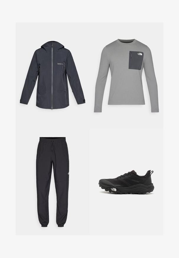 Tamnosivi vodootporni jakna s kapuljačom, punim prednjim patentnim zatvaračem, zatvorenim bočnim džepovima i logotipom "Peak Performance" na prsima.; Siva košulja dugih rukava od teksturiranog materijala, s tamnosivom džepom na prsima i zatvaranjem na patentni zatvarač. Na džepu je logo u bijeloj boji.; Crne sportske hlače od lagane tkanine, s pojasom na vezanje, bočnim džepovima i suženim manžetama na gležnjevima.; Crne trail trkačke cipele s teksturiranim gornjim dijelom, gumeni potplat i ojačana zaštita za prste. Imaju podstavljen ovratnik i trakicu za lakše obuvanje.
