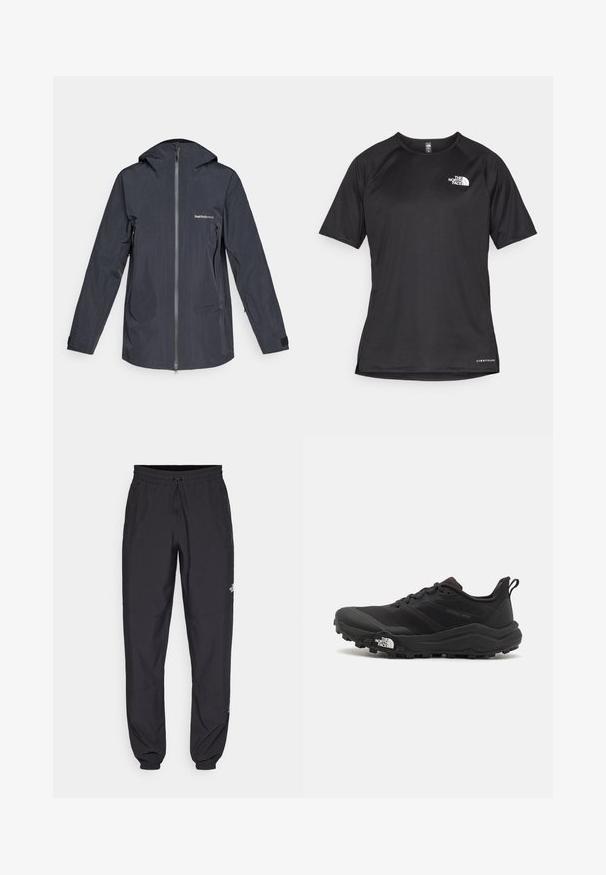Tummanharmaa vedenpitävä hupputakki, jossa on täydellinen etuvetoketju, vetoketjulliset sivutaskut ja "Peak Performance" -logo rinnassa.; Mustat lyhythihaiset urheilupaidat, joissa on teksturoitu kangas, valkoisella logolla vasemmassa rinnassa ja suora helma.; Mustat urheiluhousut, jotka on valmistettu kevyestä kankaasta. Housuissa on naru vyötäröllä, sivutaskut ja kapenevat hihnat nilkoissa.; Musta maastojuoksukengät, joissa on teksturoitu päällinen, kumipohja ja vahvistettu varvastoppia. Varusteena pehmustettu nilkkakappale ja vetotappi helppoa pukemista varten.
