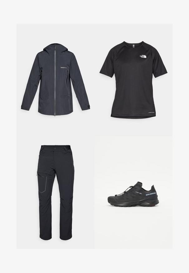 Giacca impermeabile grigio scuro con cappuccio, chiusura frontale a zip completa, tasche laterali con zip e logo "Peak Performance" sul petto.; Maglietta sportiva nera a maniche corte con tessuto testurizzato, caratterizzata da un logo bianco sul lato sinistro del petto e orlo dritto.; Pantaloni neri da esterno con tasca a zip sulla coscia, cintura elastica e tessuto liscio, resistente all'acqua. Design pulito senza loghi visibili.; Scarpa da trail running nera con tomaia strutturata, lacci elastici e suola Contagrip. Offre una vestibilità aderente e una protezione per le dita.