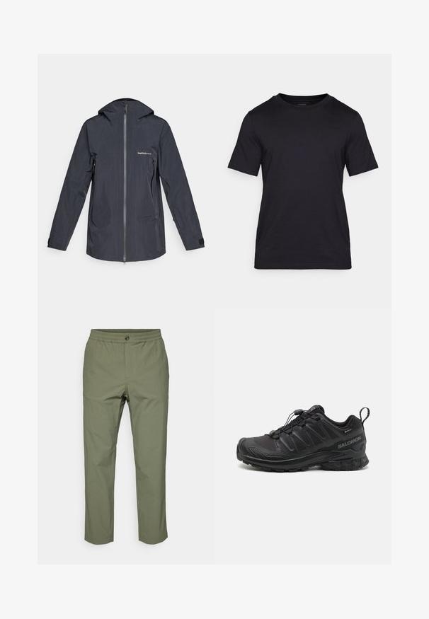 Tumehall veekindel kapuutsiga jakk, millel on täispikk tõmblukk, tõmblukuga küljetaskud ja "Peak Performance" logo rinnal.; Must musta T-särk, mis on valmistatud siledast kangast, koos ümarkaelusega ja lühikeste varrukatega. Rinna peal on mustal taustal õrn bränding.; Oliivroheline pükste, mis on valmistatud kerge kangaga, millel on elastne vöökoht, nööbiga sulgemine ja sirge sääre lõige, ilma nähtavate mustriteta.; Must have piisii mustriga sünteetiline pealis, pehme tallaga ja kiire lukkusüsteemiga mustad spordijalatsid. Omab tugevdusi varba- ja kannaosas.