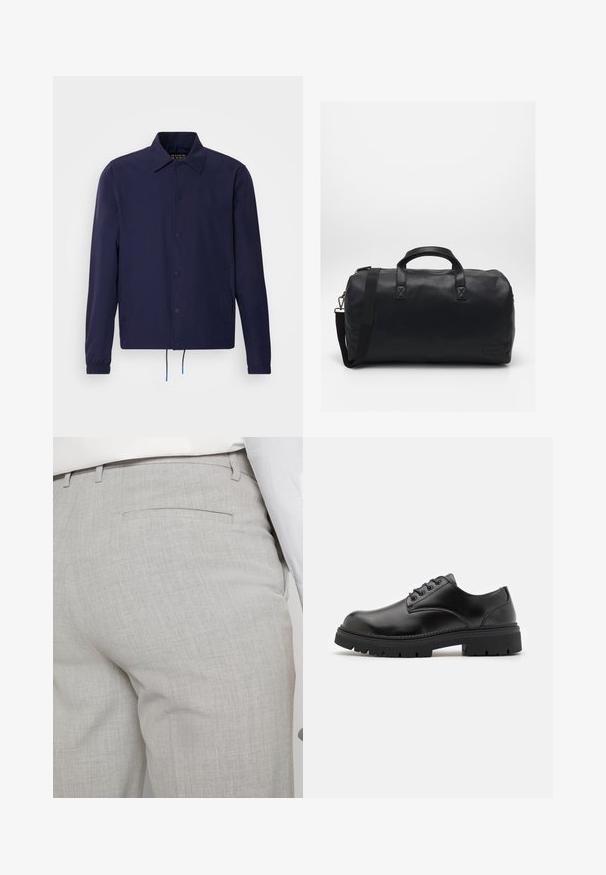 Marineblauwe windjack met een kraag, drukknoopsluiting aan de voorkant, elastische manchetten en een koordjeszoom. Voorzien van zijzakken.; Diep marineblauwe coltrui gemaakt van fijn breiwerk, met lange mouwen en een aansluitende, hoge halslijn. Geen zichtbare patronen of accenten.; Lichtgrijze, op maat gemaakte broek van gestructureerde stof, met een enkele achterzak en nette stiksels.; Zwarte leren schoenen met een ronde neus, vetersluiting en een dikke, gestructureerde rubberen zool. Kenmerken zijn stiksels langs de rand en een gladde afwerking.; Zwarte duffelbag gemaakt van textuursynthetisch materiaal. Beschikt over twee handvaten en een verstelbare schouderband. Eenvoudig ontwerp zonder zichtbare patronen.