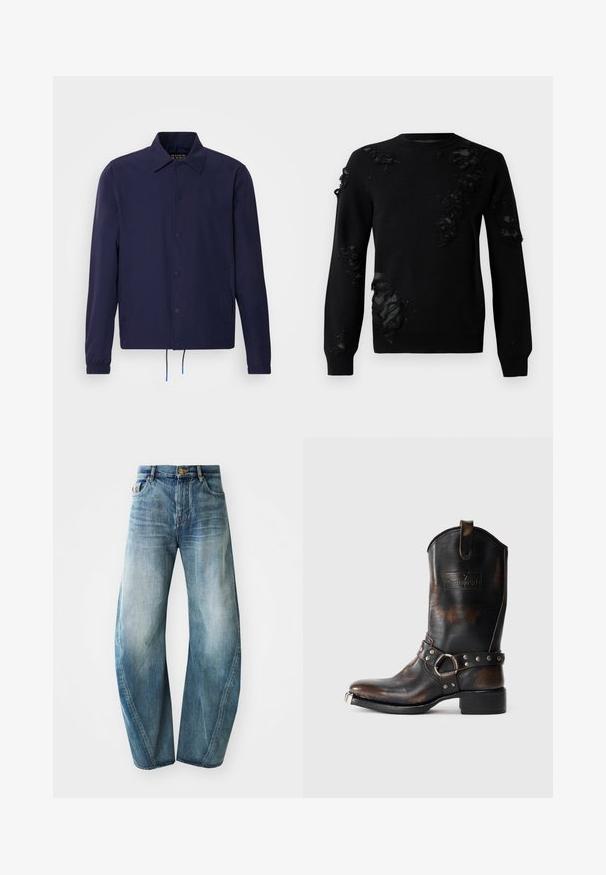 Námořnická modrá větruodolná bunda s límečkem, předními cvoky, elastickými manžetami a nástavcem na stahování v dolní části. Obsahuje boční kapsy.; Černý svetr s dlouhými rukávy, zdobený opranými textilními akcenty a texturovanými náplety. Kulatý výstřih a měkký pletený materiál.; Světle modré denimové džíny se rovnými nohavicemi, vysokým pasem a vyblednutím látky. Mají pět kapes a zapínání na knoflík.; Černé kožené kovbojské boty s hnědým opotřebením, ozdobný pásek s kovovými hroty a kroužkem, a kovová špička na bílém pozadí.