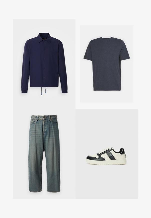 Navy blue windbreaker jacket with a collared neck, front snap buttons, elasticated cuffs, and drawstring hem. Features side pockets.; Navy blue crew neck t-shirt made of soft cotton blend fabric, with short sleeves and a regular fit. No visible patterns or accents.; Light blue denim jeans with a loose fit, mid-rise waist, and straight legs. Features five pockets, belt loops, and a button closure.; Leather sneakers with a black and cream color scheme, featuring perforated accents, a padded collar, and a textured outsole.