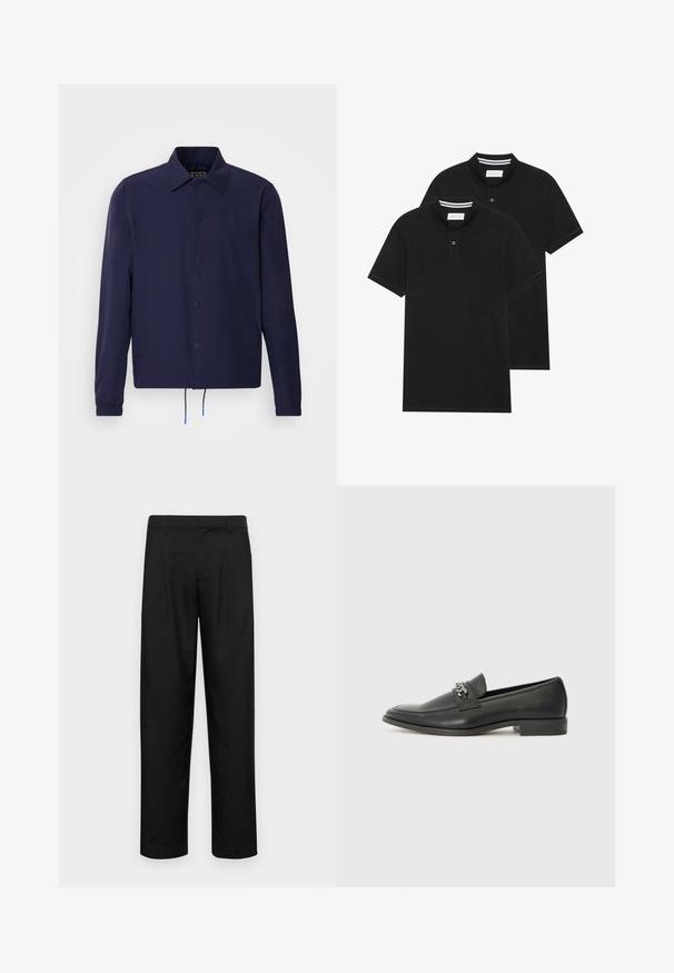 Chaqueta cortavientos azul marino con cuello tipo solapa, botones a presión en la parte delantera, puños elásticos y dobladillo con cordón. Cuenta con bolsillos laterales.; Dos camisetas polo negras, de manga corta, de material de algodón, que presentan un cuello clásico, una tapeta de dos botones y acentos de rayas blancas en el interior del cuello.; Pantalones negros de tela suave, con un diseño de pierna recta, dos pliegues frontales y una cintura estándar con trabillas para el cinturón.; Mocasín de cuero negro con un acabado suave, que cuenta con un diseño de costura y un acento decorativo de cadena de metal en el empeine. Tacón plano.