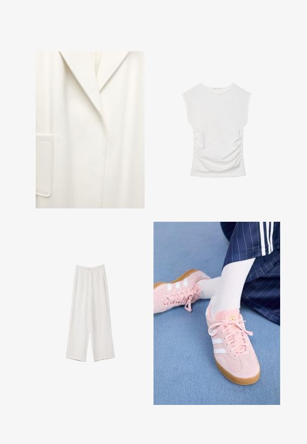 Biała wełniana kurtka z dużymi klapami, pojedynczą kieszenią na piersi i czystymi liniami. Miękka tekstura, średniej długości fason, minimalistyczna estetyka.; Biały bezrękawnik z okrągłym dekoltem i delikatnym marszczeniem po bokach, ułożony płasko na białym tle.; Białe spodnie o szerokich nogawkach wykonane z lekkiego materiału. Posiadają elastyczny pas z sznurkiem i boczne kieszenie. Gładka tekstura.; Jasnoróżowe zamszowe sneakersy z białymi paskami i sznurówkami, z teksturowanym językiem i gumową podeszwą, umieszczone na niebieskim dywaniku.