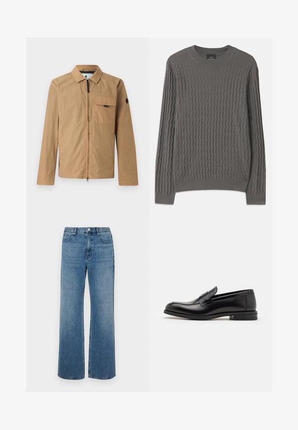 Brown lightweight jacket with a textured finish, front zipper, chest pocket, and a round logo patch on the left sleeve.; Armani Exchange Jumper - dark gull zig zag; Wide-leg blue jeans made of denim with a faded finish. Features five pockets, a front button closure, and a straight cut.; Black leather loafers with a smooth texture, rounded toe, and a decorative strap across the vamp. Low stacked heel, minimalist design.