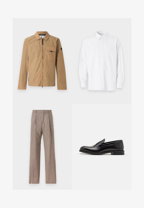 Hnědá lehká bunda s texturovaným povrchem, předním zipem, náprsní kapsou a kulatou nášivkou s logem na levém rukávu.; Bílá košile s límečkem, s jemnými vertikálními pruhy, dlouhými rukávy, náprsní kapsou a klasickým zaobleným lemem.; Hnědé kalhoty s vysokým pasem vyrobené z texturované látky. Mají široké nohavice a dva přední sklady pro strukturu. Úhledné provedení bez viditelné kovových částí.; Černé kožené polobotky s hladkou texturou, zaoblenou špičkou a zdobným páskem přes nárt. Nízký stohovaný podpatek, minimalistický design.