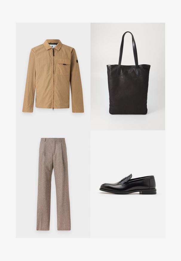 Rudas lengvas švarkas su tekstūruotu paviršiumi, priekinis užtrauktukas, krūtinės kišenė ir apvalus logotipo pleistras ant kairiojo rankovės.; Balta mygtukinė marškiniai su apykakle, turinti subtilias vertikalias juosteles, ilgomis rankovėmis, krūtinės kišene ir klasikiniais apvaliais kraštais.; Rudos, aukšto liemens kelnes, pagamintas iš tekstūruotos medžiagos. Plati kojos, dvi priekinės klostės struktūrai. Tvarkingas apdailos darbai, be matomų detalių.; Juodos odinės loafers, turinčios lygų paviršių, apvalią noselę ir dekoratyvinę juostą per priekinę dalį. Žemas krentantis kulnas, minimalistinis dizainas.; Juodas drobės pirkinių maišelis su juodais odiniais rankenomis. Paprastas dizainas, erdvus kūnas ir lygus paviršius. Nėra matomų logotipų ar raštų.