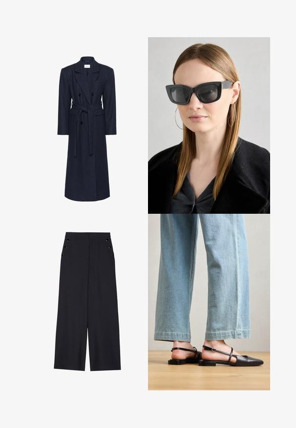 Casaco de lã azul marinho de duplo peito, mangas longas, cinto autoadesivo, dois bolsos frontais, gola com corte separador, tecido texturizado.; Duas camisas de manga longa: uma verde-oliva e a outra branca. Ambas apresentam decotes redondos e uma textura suave e lisa.; Calças largas de tecido azul marinho escuro, com uma textura suave, pregas frontais e ilhoses decorativos em tom dourado nos bolsos laterais.; Sapatos slingback de couro preto com bico fino, salto baixo e tira no tornozelo; usados com jeans de perna larga azul claro.; Óculos de sol pretos em formato de gato com lentes escuras, armações grossas e acentos subtis. Usados com um casaco preto e uma blusa cinza, apresentando cabelo longo e liso.