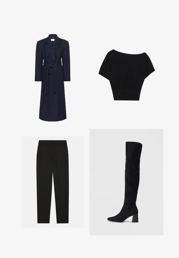 Kétsoros sötétkék gyapjú keverék kabát, hosszú ujjak, önkötős öv, két elülső zseb, dolmány gallér, texturált anyag.; Anna Field Nyomott mintás póló - black; Fekete nadrág testreszabott kialakítással, oldalsó zsebekkel és egyenes lábbal. Simább, könnyű szövetből készült, elegáns felülettel.; Fekete nubuk térd fölé érő csizma, tömbsarokkal, hegyes orral és sima, varrat nélküli dizájnnal, világos háttérrel.