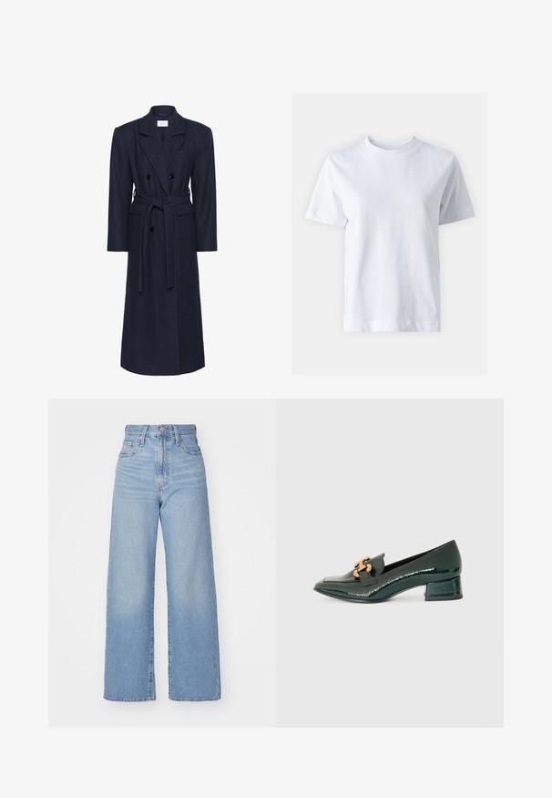 Divkāršs zils vilnas maisījuma mētelis, garas piedurknes, pašsasināms josta, divas priekšējās kabatas, iedobēts apkakle, teksturēta auduma.; Balta kokvilnas T-krekls ar apaļu izgriezumu, īsām piedurknēm, taisnu griezumu un gludu tekstūru. Nav rakstu vai rotājumu.; Gaiši zili augstās jostas vidukļa platās bikses ar priekšējo pogu un rāvējslēdzēju, priekšējām un aizmugurējām kabatām uz baltā fona.; Tumši zaļas lakota ādas zemas papēža loaferi ar norādītu purngalu un zelta krāsas metāla ķēdes detaļu augšdaļā.