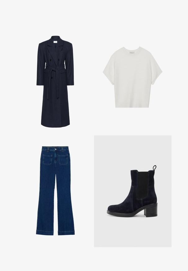 Casaco de lã azul marinho de duplo peito, mangas longas, cinto autoadesivo, dois bolsos frontais, gola com corte separador, tecido texturizado.; Camiseta branca de mangas curtas com um decote careca largo e um padrão texturizado canelado, feita de tecido suave, com um corte relaxado e um design limpo.; Jeans flare em denim azul escuro com uma textura suave, design de cinco bolsos e fecho de botão na cintura.; Bota de tornozelo em camurça azul-marinho com painel elástico lateral, bico redondo e salto bloco. O tecido texturizado e a sola lisa criam um contraste.