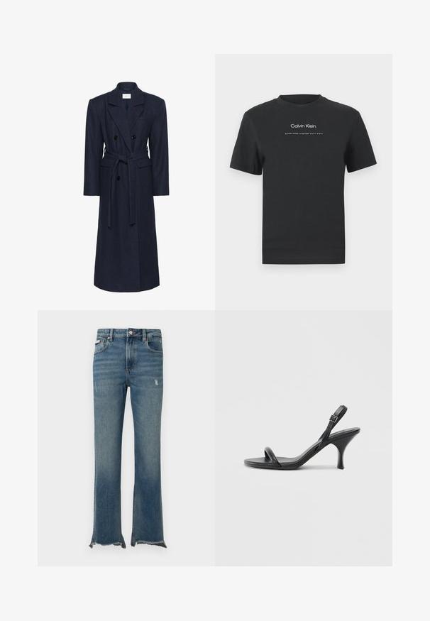 Casaco de lã azul marinho de duplo peito, mangas longas, cinto autoadesivo, dois bolsos frontais, gola com corte separador, tecido texturizado.; T-shirt de algodão preto com decote redondo, mangas curtas e logotipo "Calvin Klein" impresso em branco, acompanhado do texto "Established 1968".; Calças de ganga azuis com ligeiros desgastes, bainhas cruas desfiadas, bolsos frontais, passadores para cinto e fecho com botão.; Sandálias de salto alto em couro preto com um salto curvado e fino e um design de tiras cruzadas. Correia ajustável no tornozelo. Textura suave.