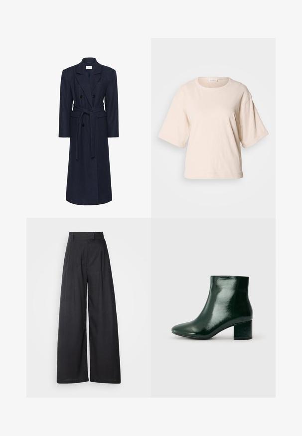 Topeltäidis sinine villasegu mantli, pikad varrukad, ise kinnitatav vöö, kaks esiosa taskut, lõikega krae, tekstureeritud kangas.; Hele beež värviga lühikeste varrukatega T-särk, valmistatud pehmest puuvillast. Omavad ümarat kaelust ja lõdvat istuvust koos rullitud varrukatega. Minimalistlik disain.; Tumed, laiad püksid struktureeritud vöökohtadega ja voldikutega. Valmistatud kergest kangast, sileda tekstuuriga ja ilma nähtavate mustriteta.; Rohelised patendikangast pahkluu saapad, millel on ümar nina ja plokk-kand. Sile tekstuur läikiva viimistlusega, mis esitleb kaasaegset disaini.