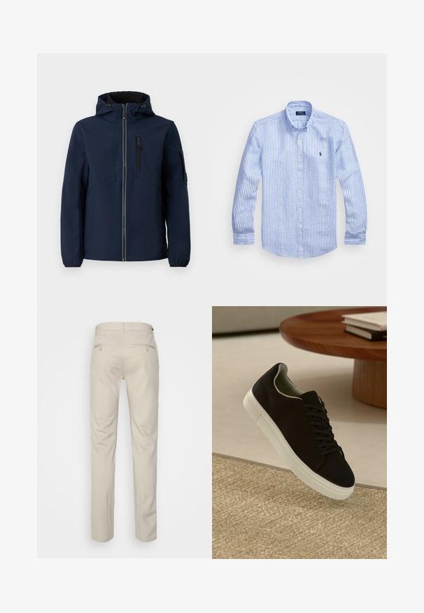 Marineblå softshell-jakke med lynlås foran, justerbar hætte, sidelommer og elastiske manchetter. Glat tekstur med strømlinet design.; Blå og hvid stribet langærmet skjorte lavet af bomuld, med knap-ned krave, frontknapper og et lille broderet logo på brystet.; Beige bukser med en glat overflade, lige snit, to baglommer med knapper og en standard talje.; Sort sneaker med hvid sål svævende over en beige tekstureret tæppe nær et rundt trætabel med stablede bøger.