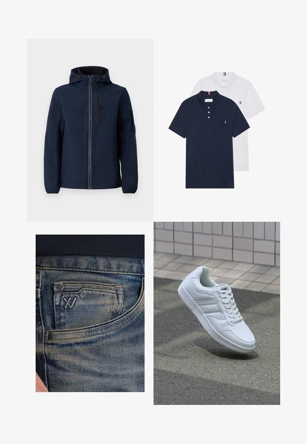 Marineblå softshell-jakke med lynlås foran, justerbar hætte, sidelommer og elastiske manchetter. Glat tekstur med strømlinet design.; To polo skjorter: en marineblå og en hvid, begge med en lille rød, hvid og blå detalje på brystlommen og kraven.; Blå denimjeans med en falmet tekstur, med en møntlomme og en sort logodetalje foran. Taljebåndet er af mørk marineblåt ribstrikket stof.; Hvide atletiske sneakers med glat læderoverdel, snørelukning foran, perforeret tå og mønstret sål. Minimalistisk design med tre sidelister.