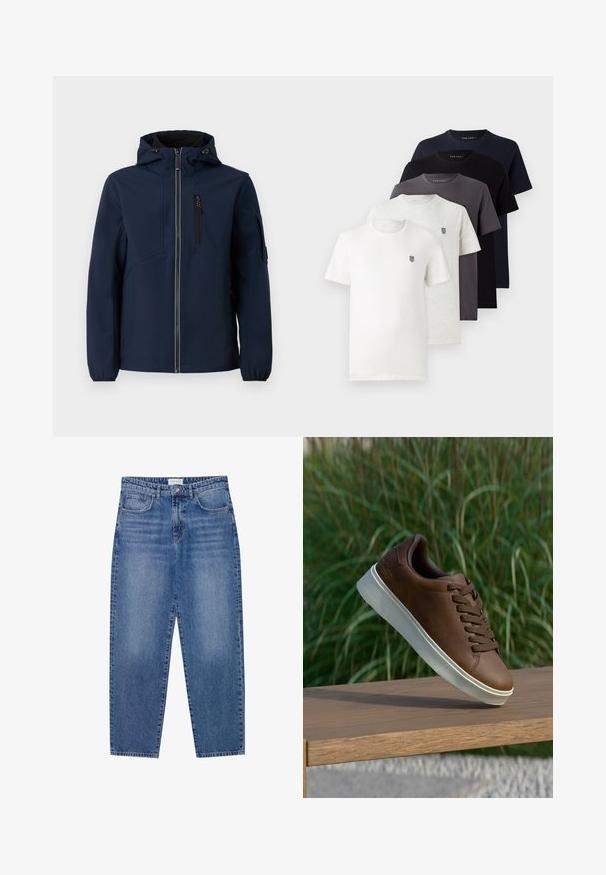 Sötétkék softshell dzseki cipzárral elöl, állítható kapucnival, oldalzsebekkel és rugalmas mandzsettákkal. Simább textúra, áramvonalas kialakítás.; Öt rövid ujjú pamut póló fehér, világosszürke, sötétszürke, tengerész-kék és fekete színben, kis logóval a mellrészen.; Kék farmernadrág magas derekú, egyenes szárú dizájnnal és kopott hatással. Öt zsebbel és gombos záródással rendelkezik.; Barna bőr tornacipő fehér gumi talppal, lekerekített orral és barna fűzős kialakítással. A talp texturált tapadással, míg a felsőrész sima felülettel rendelkezik.