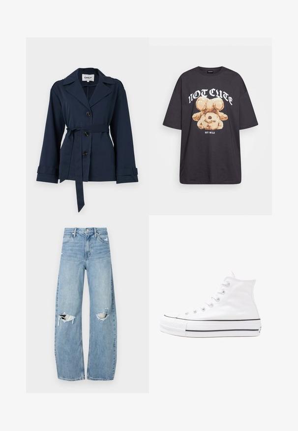 Tumedate sinine kergest jakist, millel on lõigatud krae, nööbiga kinnitamine, vöökoht ning pikad varrukad. Sellel on õlavarreepauletid ja õmmeldud detailid.; Musthave musta t-särk, millel on karu graafika ja tekst "EI NII NÄDALA, KUID MÄRG" paksult valgete tähtedega. Puuvillane materjal.; Heledad hallideega sinised teksad, millel on kõrge talje. Teksade jalgadel on lai alus, kaks rebitud kohta põlvede ümber ning klassikaline viie tasku stiil.; Valge kõrgem kangast tenniseking, millel on must kummist tald, ees kummist varvasetugi ja kuus aukku paelte jaoks, pakkudes puhta ja minimalistliku disaini.