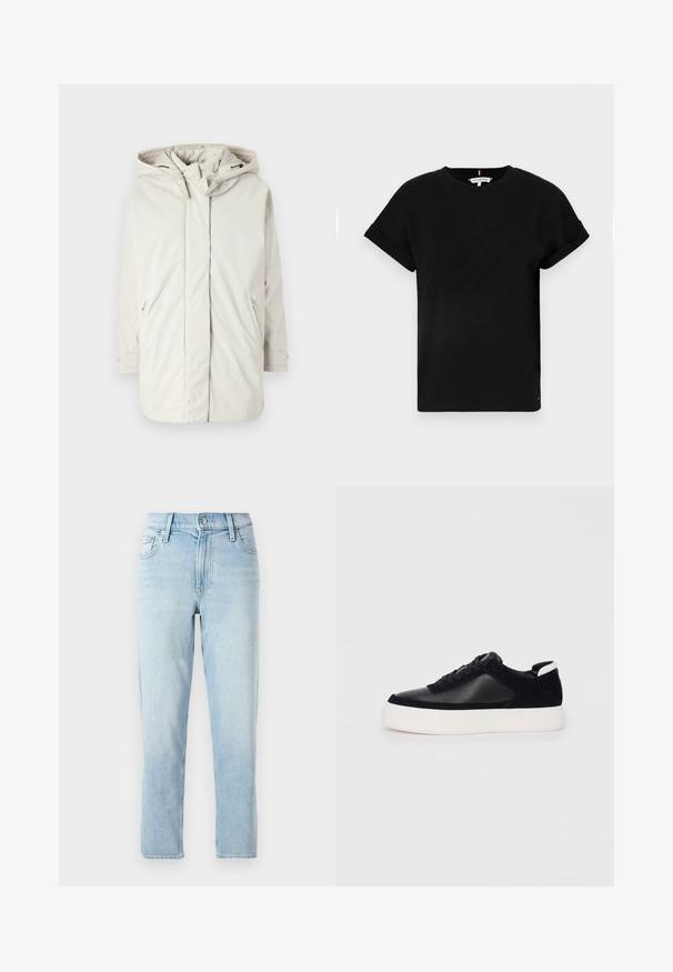 Light grey, hooded jacket made of smooth, water-resistant material; features zippered pockets and adjustable cuffs. Simplistic design, no patterns.; Black cotton t-shirt with rolled short sleeves, featuring an embossed logo in the center and a small flag accent on the side.; Light blue denim jeans, straight-leg design, mid-rise waist, with five-pocket styling and a button closure at the front.; Black sneaker with smooth leather and suede panels, flat laces, rounded toe, and a white rubber sole. Distinct logo on the heel.