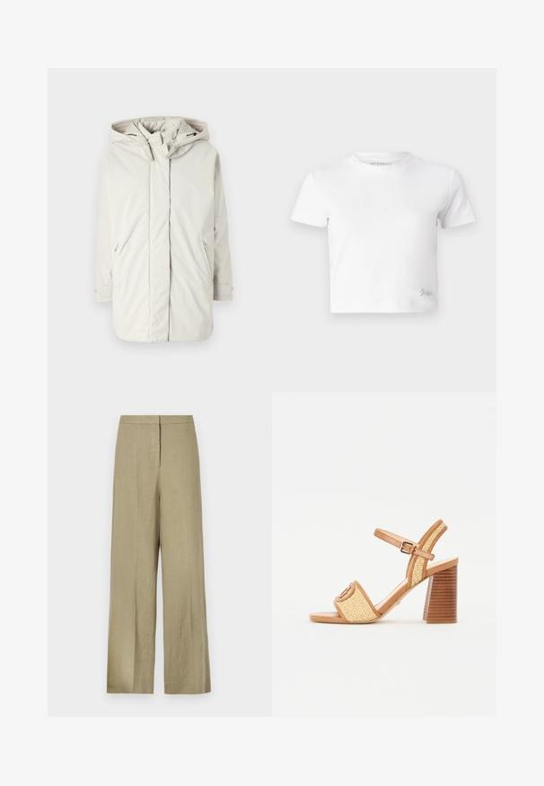 Helles graues, Kapuzenjacke aus glattem, wasserabweisendem Material; verfügt über Reißverschlusstaschen und verstellbare Bündchen. Schlichtes Design, keine Muster.; Weißes, kurzes T-Shirt aus glattem Baumwoll-Stoff mit hohem Ausschnitt und kurzen Ärmeln. Kleines besticktes Logo in der unteren Ecke.; Hellgrüne, hosen mit weitem Bein aus Leinen. Mit hoher Taille und schlichter Vorderseite mit einer einzelnen Falte.; Braune Leder- und geflochtene Stroh-Absatzsandalen mit einem Knöchelriemen, offenem Zeh und einem klobigen Holzähnlichen Absatz mit horizontalen Streifen.