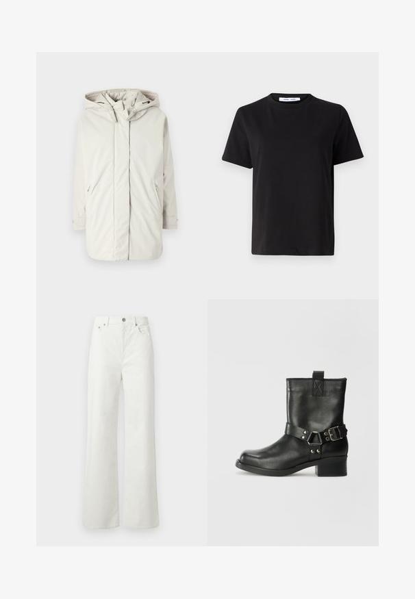 Jasnoszary, kapturowy kurtka wykonana z gładkiego, wodoodpornego materiału; posiada kieszenie zapinane na zamek i regulowane mankiety. Prosty design, bez wzorów.; Czarny t-shirt z krótkim rękawem wykonany z miękkiej bawełny, z okrągłym dekoltem, luźnym krojem i gładką fakturą. Bez widocznych wzorów ani grafik.; Samsøe Samsøe SHELLY mleczny; Samsøe Samsøe SABRENTA czarny