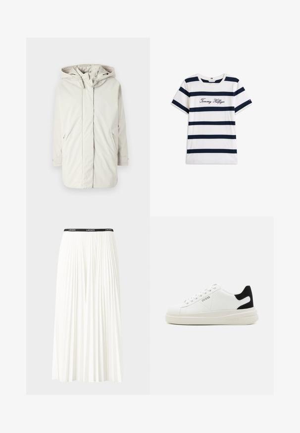 Lichtgrijze, gevoerde jas met capuchon, gemaakt van glad, waterafstotend materiaal; voorzien van ritssluitingen en verstelbare manchet. Eenvoudig ontwerp, zonder patronen.; Katoenen T-shirt met horizontale marineblauwe strepen op een witte achtergrond. "Tommy Hilfiger" geborduurd in cursieve letters op de borst. Ronde hals.; Plisséminirok in het wit met een zwarte elastische tailleband met het "LACOSTE"-logo. Middellange ontwerp met een zachte textuur.; Witte leren sneakers met een dikke witte zool, zwarte suède hielaccent en een geperst logo op de zijkant. Vetersluiting met zes oogjes.