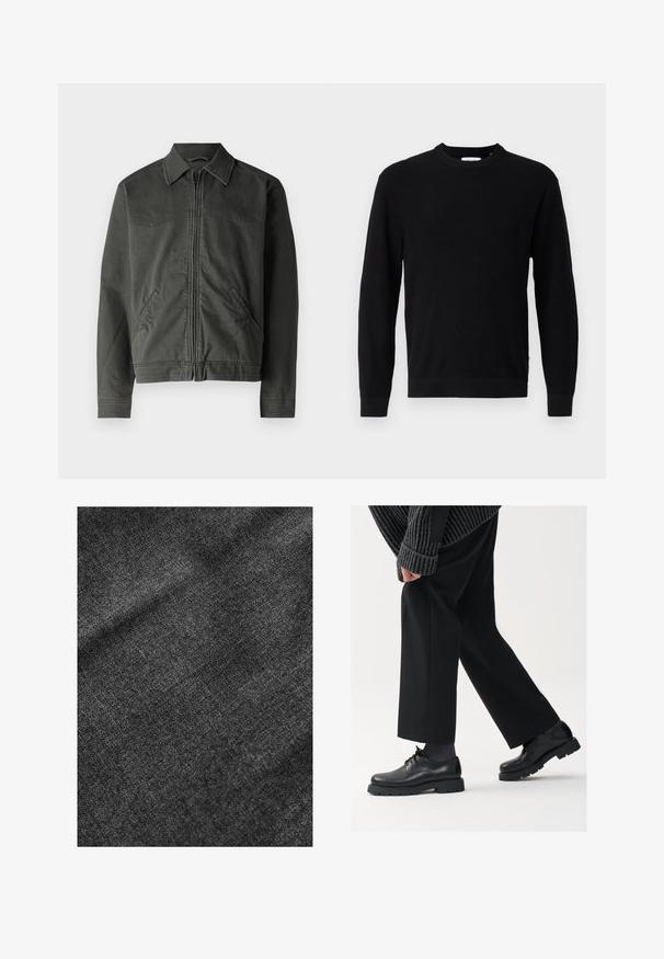 Hollister Co. THRIFTED WORKWEAR - Džínová bunda - volcanic ash; Černý pletený svetr s kulatým výstřihem, dlouhými rukávy a žebrovanou strukturou. Má rovný lem a minimalistický design.; Texturovaná černá tkanina s měkkým, mírně lesklým povrchem, vykazující jemný vzor tkaní a hladké splývání.; Černé kožené boty s kulatou špičkou, šněrovací design a silnou strukturovanou podrážkou. Noseny s dobře padnoucími černými kalhotami a žebrovaným svetr.