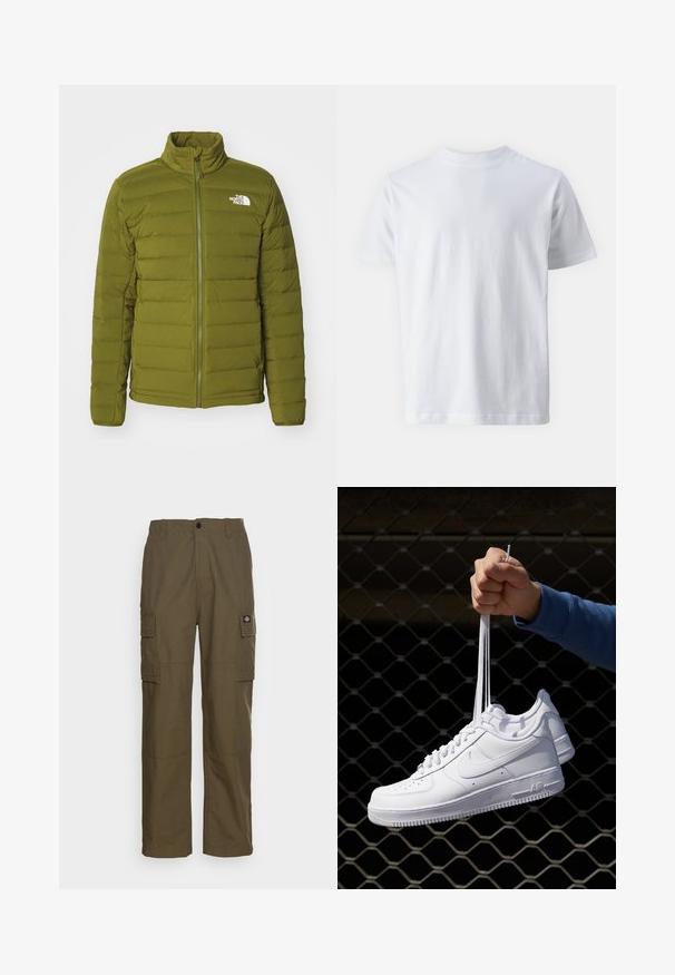 The North Face BELLEVIEW STRETCH DOWN JACKET - Piumino - forest olive; T-shirt bianca a maniche corte realizzata in cotone, con scollo rotondo e una texture liscia, dal taglio dritto e senza fantasie.; Pantaloni cargo verde oliva, realizzati in tessuto resistente. Presentano due tasche laterali, un punto vita standard e un design a gamba dritta.; Sneakers in pelle bianca con perforazioni, punta rotonda, suola piatta e lacci spessi, con logo swoosh visibile e "AIR" sul tallone.