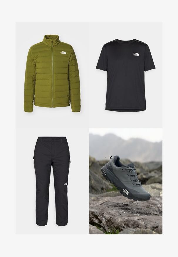 The North Face BELLEVIEW STRETCH DOWN JACKET - Dunjakke - forest olive; Svart kortermet T-skjorte laget av lett materiale. Har en liten hvit logo på venstre bryst og subtile skulderdetaljer.; The North Face WINTER EXPLORATION TAPERED CARGO - Friluftsbukser - black; Grå terrengløpesko med en teksturert overdel, slitesterk gummisåle og forsterket tåhette. Inkluderer snørebånd og merkevarelogo på siden.