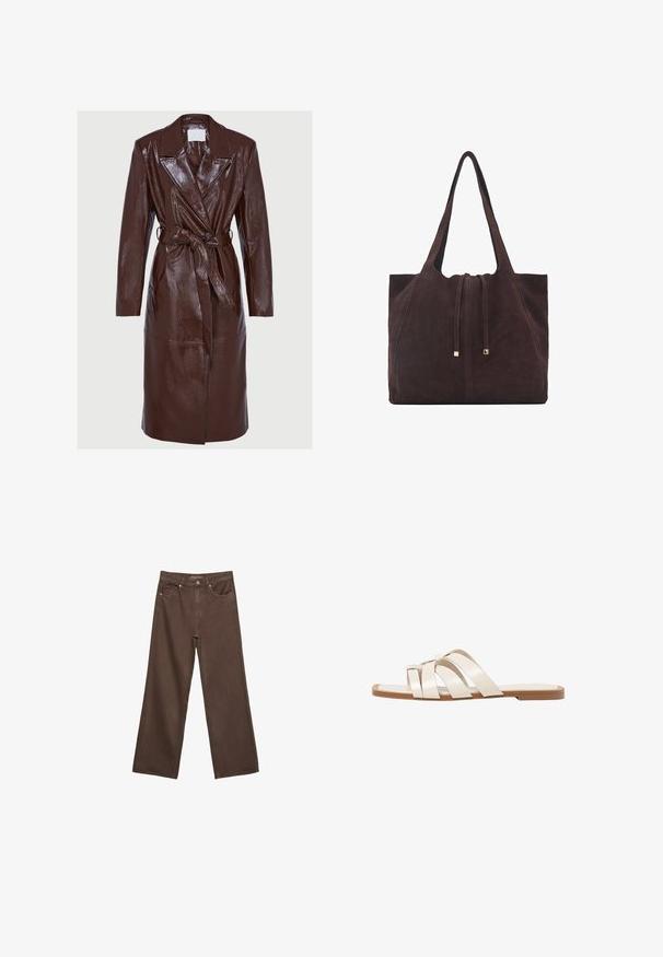 Długi, ciemnobrązowy, błyszczący płaszcz skórzany, z szerokimi klapami, długimi rękawami, zapięciem na guziki i pasującym paskiem zawiązanym w talii.; Miękki beżowy sweter z długim rękawem i okrągłym dekoltem, z prążkowanymi mankietami, dolnym obszyciem i dekoltem, wyeksponowany na płasko na białym tle.; Szerokie brązowe dżinsy wykonane z denimu, z wysokim stanem, przednimi kieszeniami i klasycznym zapięciem na guzik. Gładka faktura z subtelnym przeszyciem.; Płaskie sandały z brązową gumową podeszwą, zaprojektowane z trzema nakładającymi się na siebie białymi skórzanymi paskami i małym detalem w postaci kokardy na środku.; Mango - Torba na zakupy