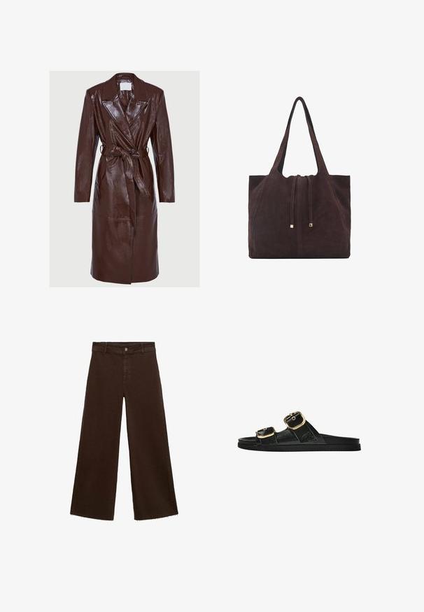 Dlhý tmavohnedý lesklý kožený trenčkot so širokými chlopňami, dlhými rukávmi, zapínaním na gombíky a zodpovedajúcim opaskom previazaným v páse.; Hnedý pletený sveter s vysokým výstrihom, dlhými rukávmi a zodpovedajúcim opaskom. Mäkká textúra a uvoľnený strih.; Hnedé široké nohavice z bavlnenej zmesi, s roztrhnutým lemom, predným zapínaním na gombík a klasickým dizajnom s piatimi vreckami. Minimalistické a všestranné.; Čierne šľapky s dvoma zlatými prackami, hladký textúrovaný materiál, plochá podrážka a minimalistický dizajn.; Mango Veľká kabelka - dark brown