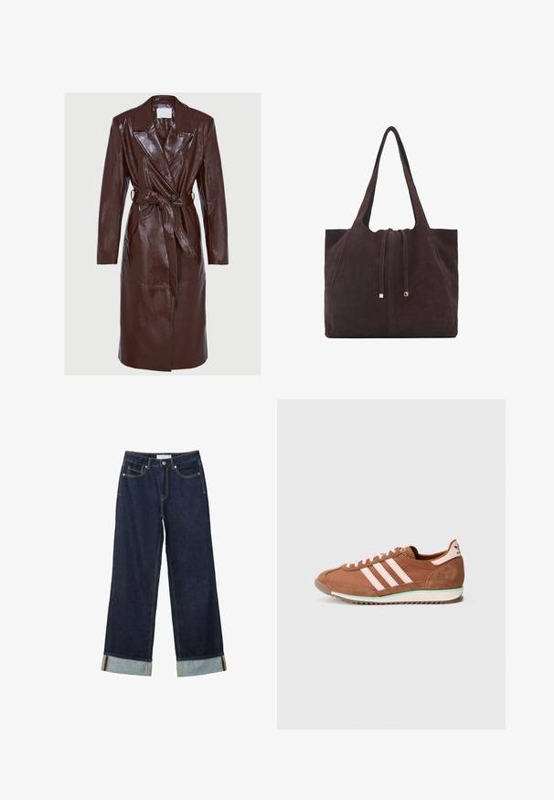 Dlouhý, tmavě hnědý lesklý kožený trench coat se širokými klopami, dlouhými rukávy, zapínáním na knoflíky a ladícím páskem uvázaným v pase.; Hnědé tričko s krátkým rukávem vyrobené z měkké bavlny. Má kulatý výstřih a volný střih, s hladkou strukturou a bez viditelných vzorů.; Tmavě modré kalhoty s širokými nohavicemi a vysokým pasem, s ohrnutými manžetami, kontrastním prošíváním a pěti kapsami. Vyrobené z denimové tkaniny.; Hnědý a růžový teniska Adidas s semišovými detaily, třemi růžovými pruhy na boku a bílou podrážkou se zeleným akcentem.; Mango Velká kabelka - dark brown
