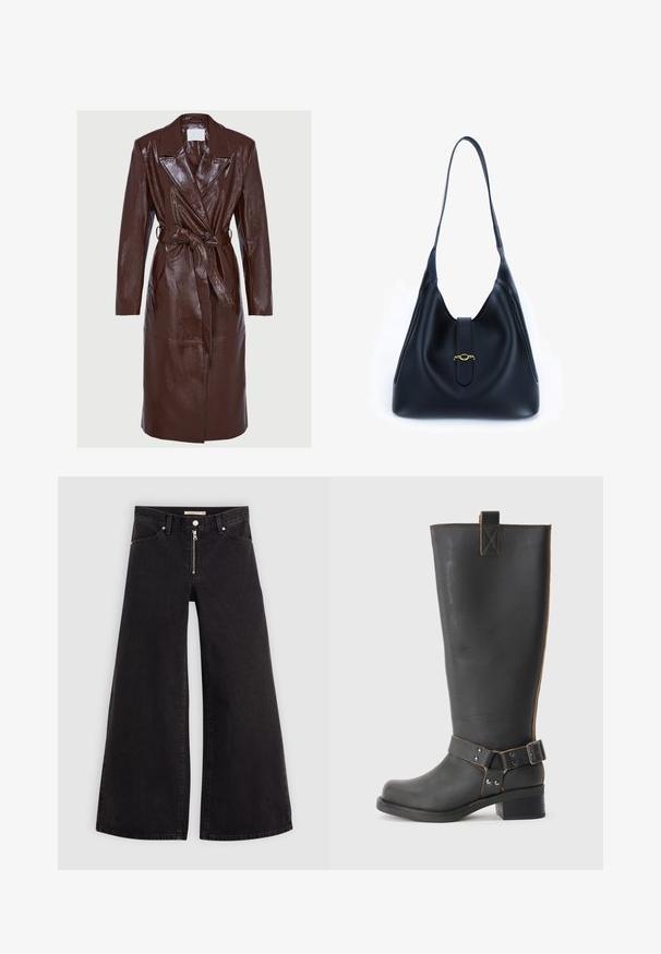 Lange glanzende leren trenchcoat in donkerbruin met brede revers, lange mouwen, knoopsluiting en een bijpassende riem geknoopt om de taille.; Zwart T-shirt met korte mouwen, gemaakt van zachte katoen, met een ronde hals, een ontspannen pasvorm en een gladde textuur. Geen zichtbare patronen of opdrukken.; Wijdvallende jeans van zwarte denim met een ritssluiting aan de voorkant, vijf zakken en subtiele stikdetails. Soepele textuur en casual stijl.; Zwarte leren knie- hoog laars met een gestructureerde afwerking, voorzien van een zijgesp accent en een lage hak. Gedetailleerde stiksels langs de naden.; Zwarte leren handtas met een zachte, slordige ontwerp. Voorzien van een platte schouderriem en een centrale sluiting versierd met een gouden accent.