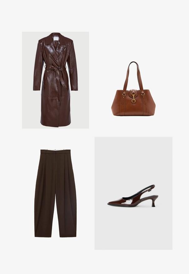 Long dark brown shiny leather trench coat with wide lapels, long sleeves, button closure, and matching belt tied at the waist.; Brown, one-shoulder top made of soft fabric, featuring a draped design, side ruching, and a long strap extending from the shoulder.; Brown high-waisted trousers with pleats, made of smooth fabric. Loose fit, straight leg design, featuring belt loops and a zip fly.; Brown patent leather slingback shoe with a pointed toe and a moderate heel. Features a buckle strap for secure fit. Smooth texture.; Brown leather handbag with a structured shape, gold hardware accents, double shoulder straps, and a decorative buckle detail at the center.