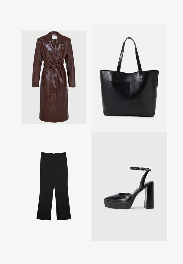 Dolga temno rjava sijoča usnjena plašč s širokimi reverji, dolgimi rokavi, gumbi za zapiranje in usklajenim pasom, zavezanim okoli pasu.; Črn prilagojen bodi s kvadratnim izrezom, v kombinaciji s svetlo modrimi kavbojkami z okrasnim srebrnim in roza pasom.; Črne hlače ravnega kroja z naglavnimi žepi in stranskimi razporki na robu. Narejene iz mehke, gladke tkanine. Primerne za različne priložnosti.; Črne platforme z visokimi petami in koničastim nosom ter nastavljivim gležnjenjskim trakom. Narejene iz gladke usnje, s kockasto peto.; Črna usnjena torba z dvema dolgima ročajema, gladko teksturo in strukturirano obliko. Ima sprednji žep za dodatno shranjevanje.