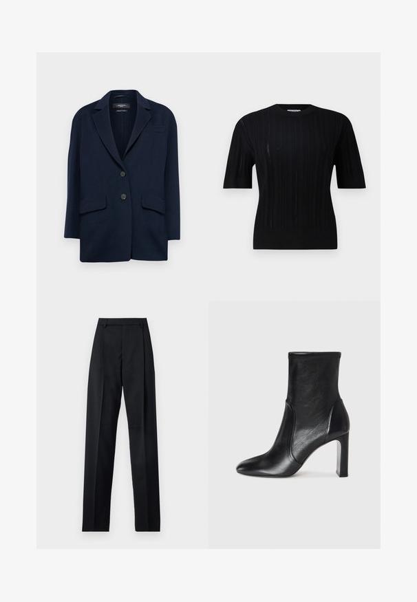 WEEKEND MaxMara RELAIS - Κοντό παλτό - blu; Filippa K BRAID - Πουλόβερ - black; Μαύρο παντελόνι φτιαγμένο από λείο ύφασμα με ψηλή μέση, φαρδιές γάμπες, πλάγιες πιέτες και κλασσικές θηλιές ζώνης. Δεν υπάρχουν ορατές πλαϊνές τσέπες.; Μαύρη δερμάτινη μπότα μέχρι τον αστράγαλο με κομψό σχέδιο, μυτερή μύτη και ψηλό και σταθερό τακούνι. Διαθέτει λεία υφή και μινιμαλιστικές ραφές.