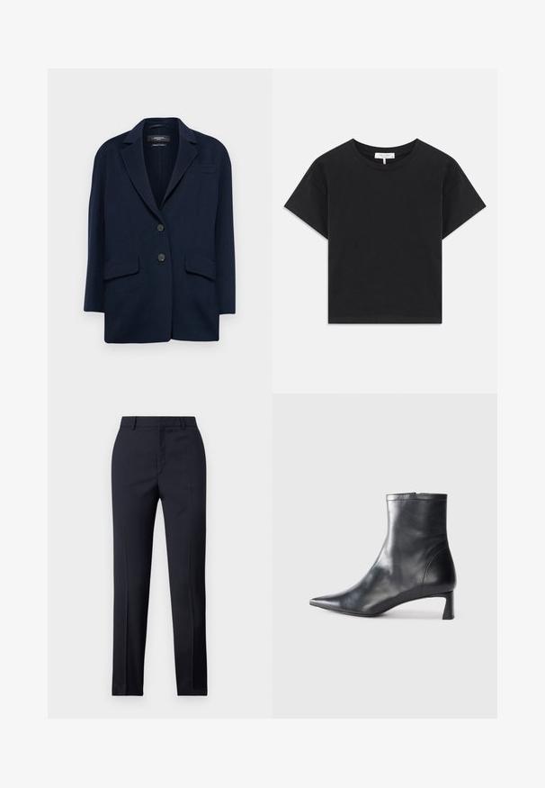Weekend Max Mara RELAIS - Manteau court - blu; T-shirt noir cropped en coton, avec un col rond, des manches courtes et un design simple sans motifs ni embellissements.; Pantalons ajustés bleu marine avec une coupe droite, présentant une texture lisse, deux poches avant et une taille épurée.; Bottine en cuir noir avec un bout pointu et un design épuré. Présente un petit talon et une fermeture éclair à l'arrière. Texture lisse.