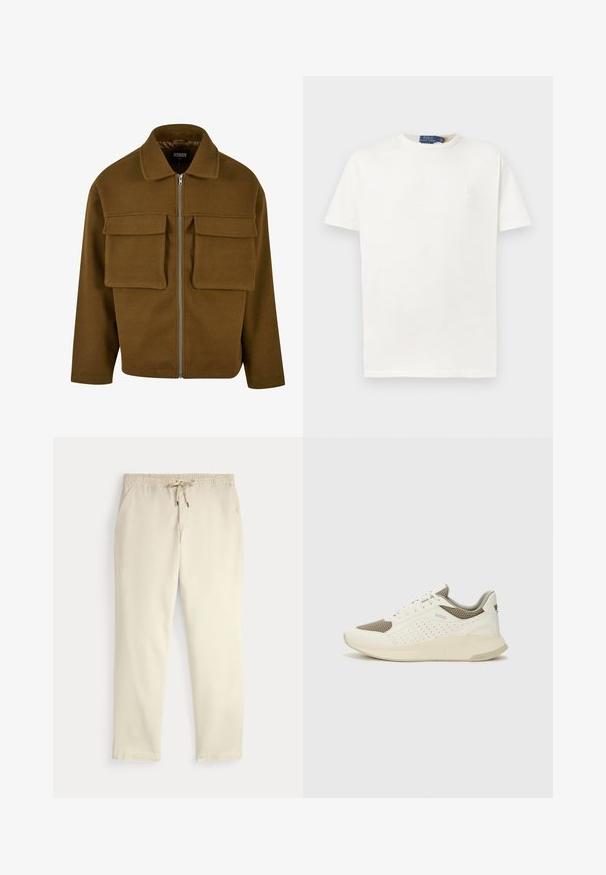 Brūns rāvējslēdzēja jaka, izgatavota no teksturēta materiāla, ar apkakli, divām krūšu kabatām un taisnu apakšmalu.; Vienkārša balta īsām piedurknēm T-kreklu ar smalku izšūtu logo kreisajā krūtī un apzīmētā apkakles birku.; Off-white ikdienas bikses ar elastīgu jostu un auklu, taisnām kājām un sānu kabatām uz vienkārša fona.; Baltas un gaiši bež sporta apavi, ar sieta augšdaļu, perforētiem detaļām un teksturētu vidusdaļu ar zīmolu uz papēža.
